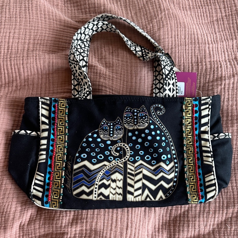 Laurel Burch Black and Blue Cat Design Tote Bag NWT